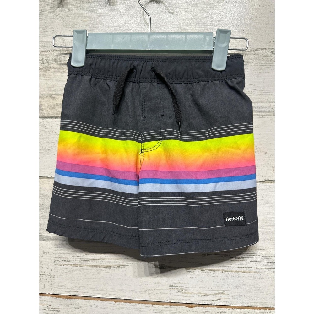 Hurley Swim Trunks Boys Size 4 Black Rainbow Stripe UPF 50+ EUC